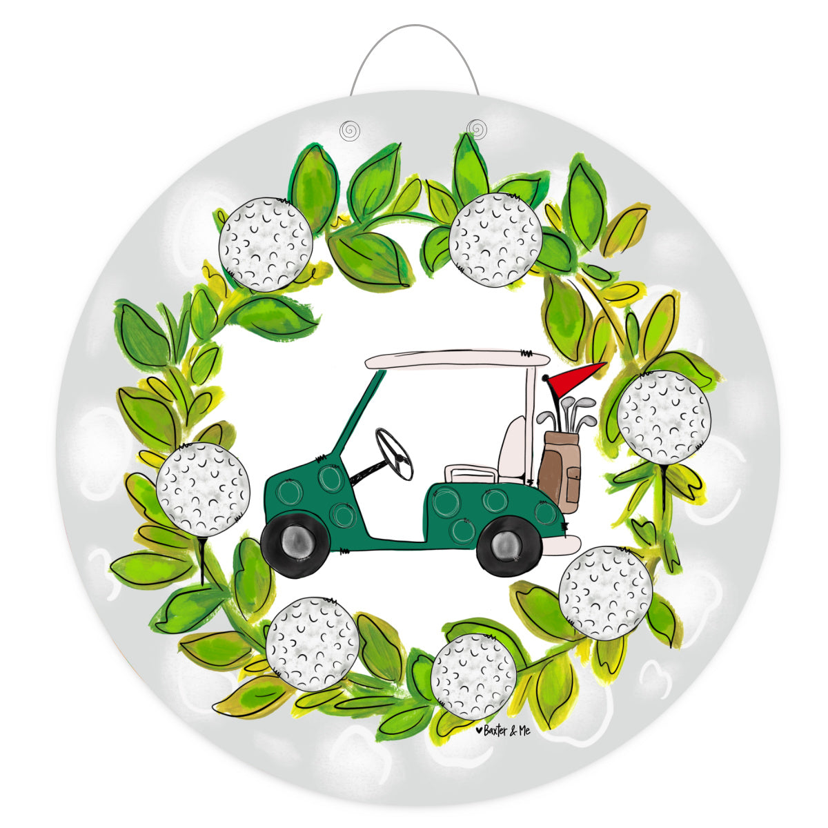 Door hanger with a green golf cart and golf balls design on a white background