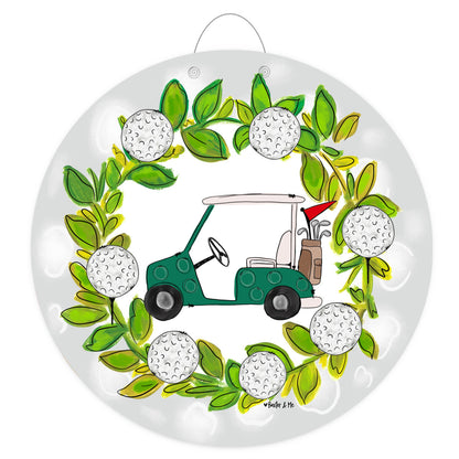 Door hanger with a green golf cart and golf balls design on a white background