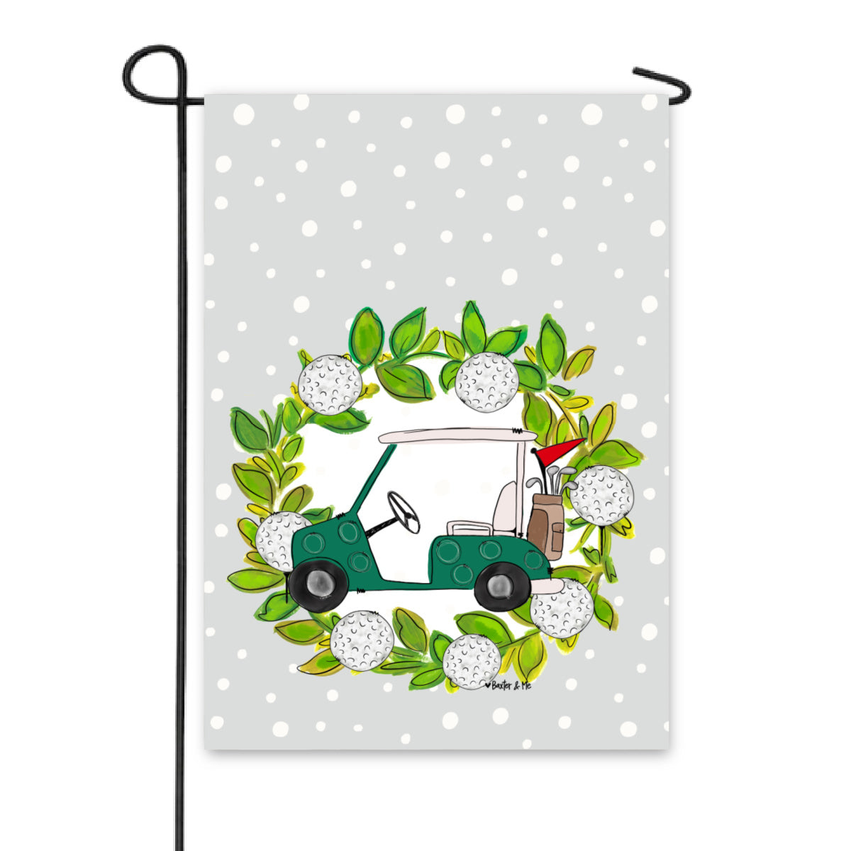 Decorative garden flag with a green golf cart and golf balls on a polka dot background