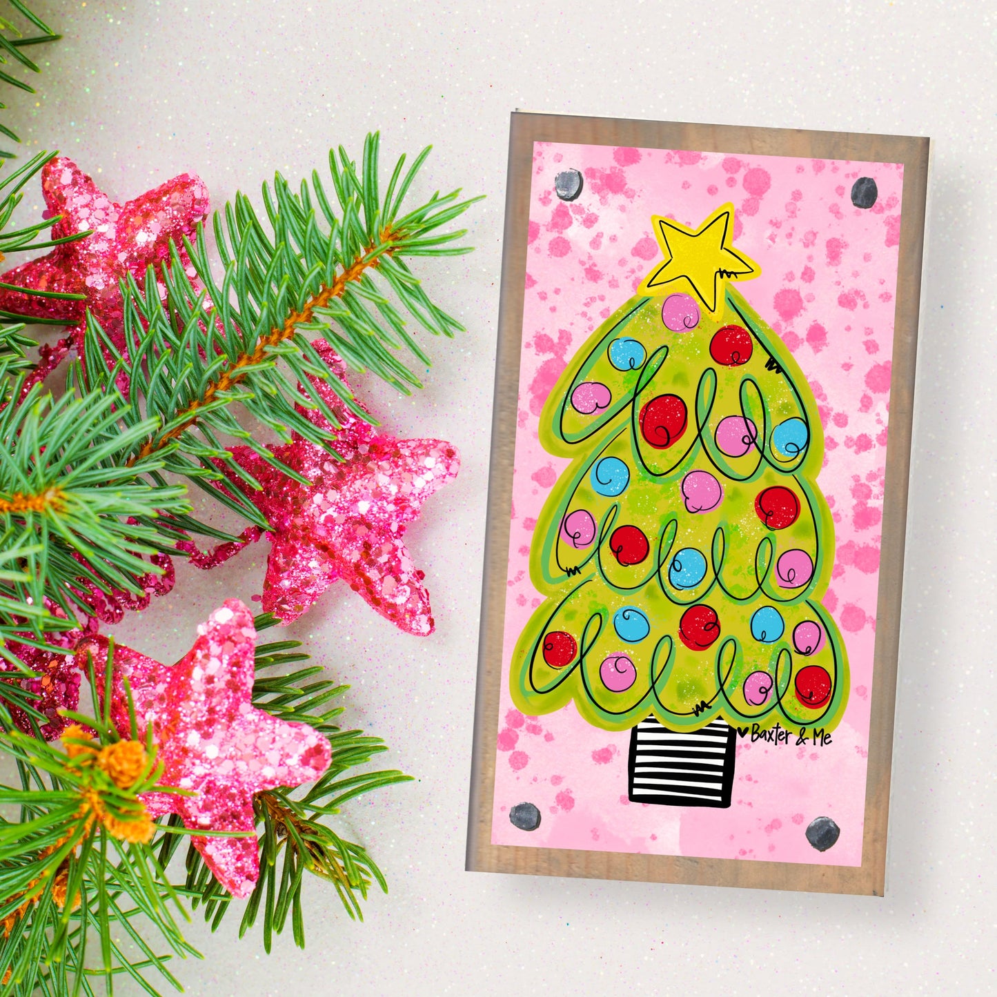 Pink Whimsical Christmas Tree Happy Block