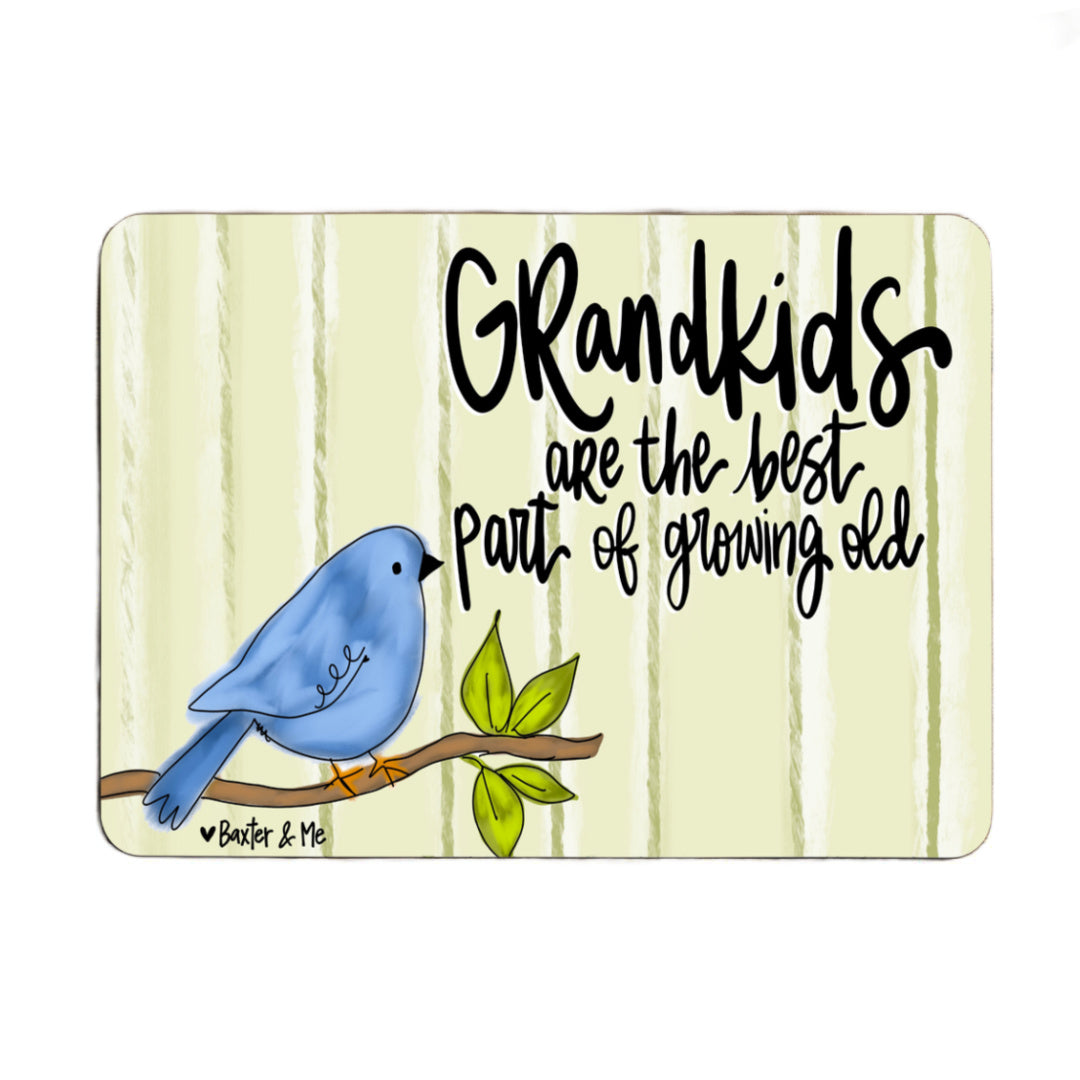 Decorative mouse pad with a blue bird illustration and text on a beige background