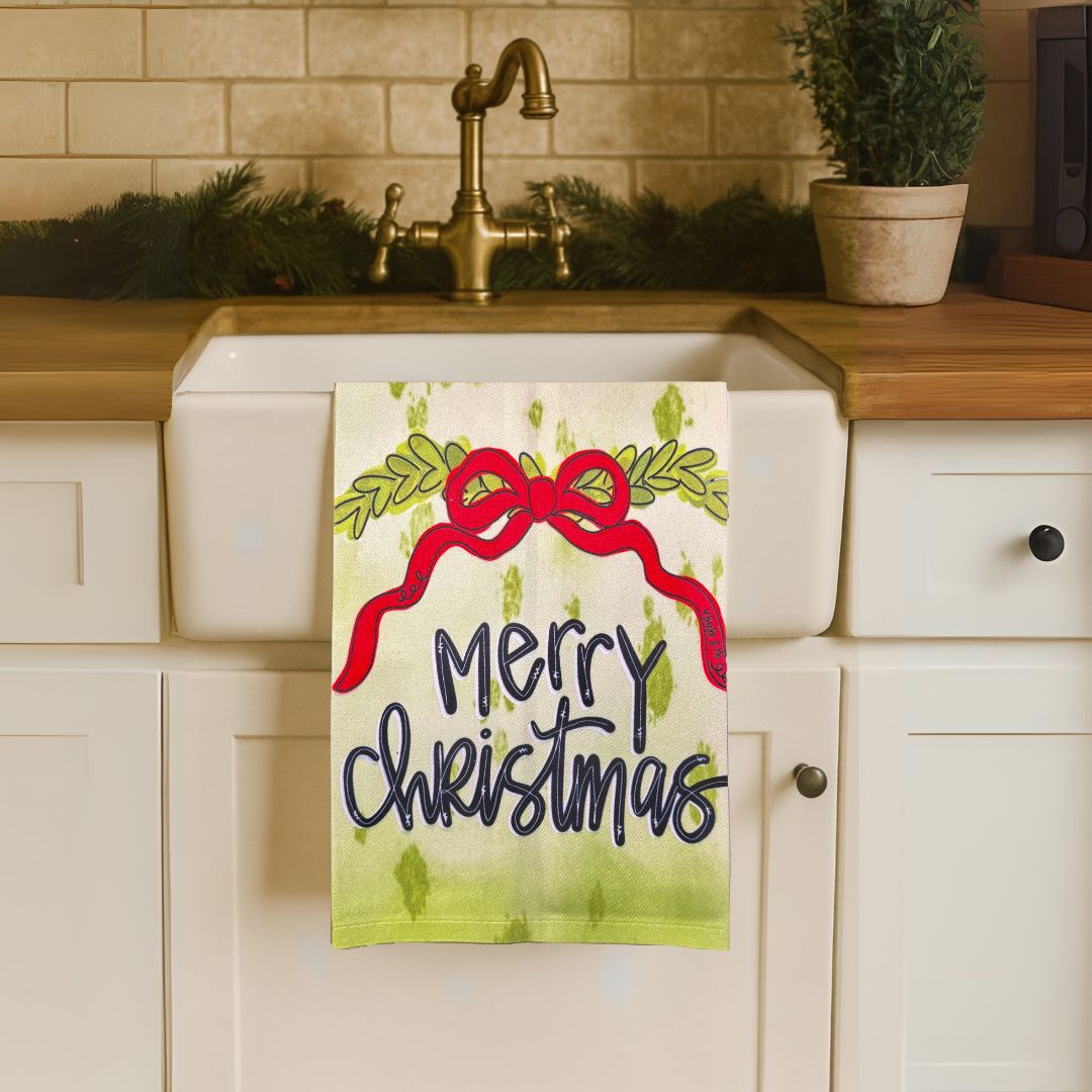 Merry Christmas Red Ribbon Tea Towel
