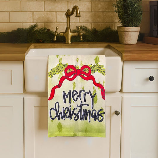 Merry Christmas Red Ribbon Tea Towel