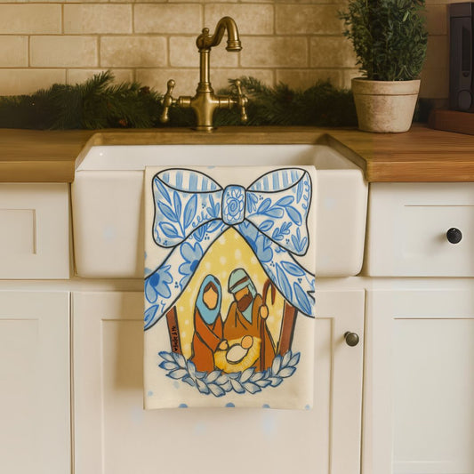 Blue Ribbon Bow Nativity Tea Towel