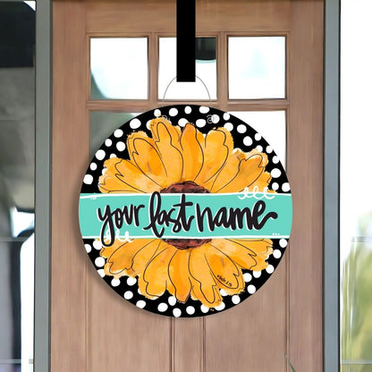Personalized Black and White Sunflower Door Hanger