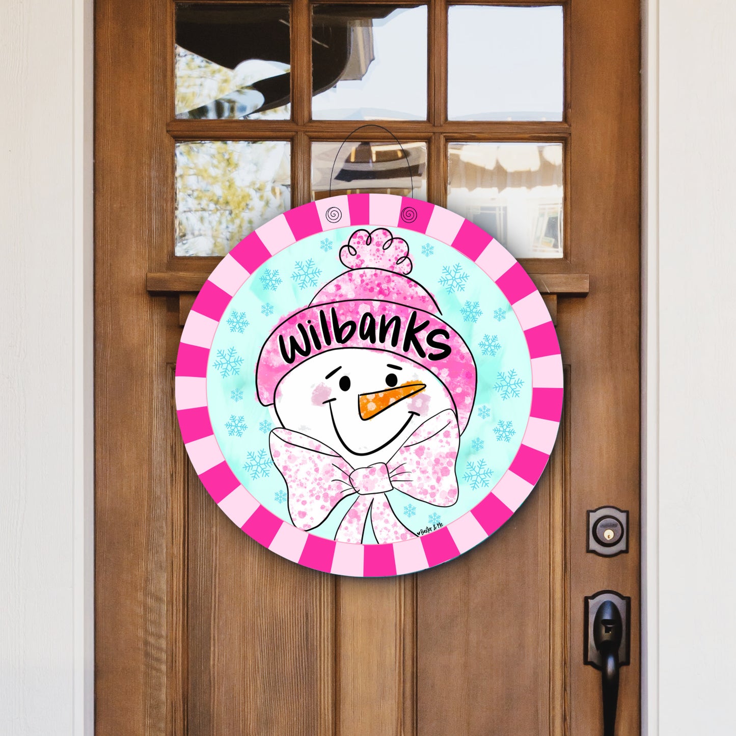 Pink Bow Frosty Door Hanger