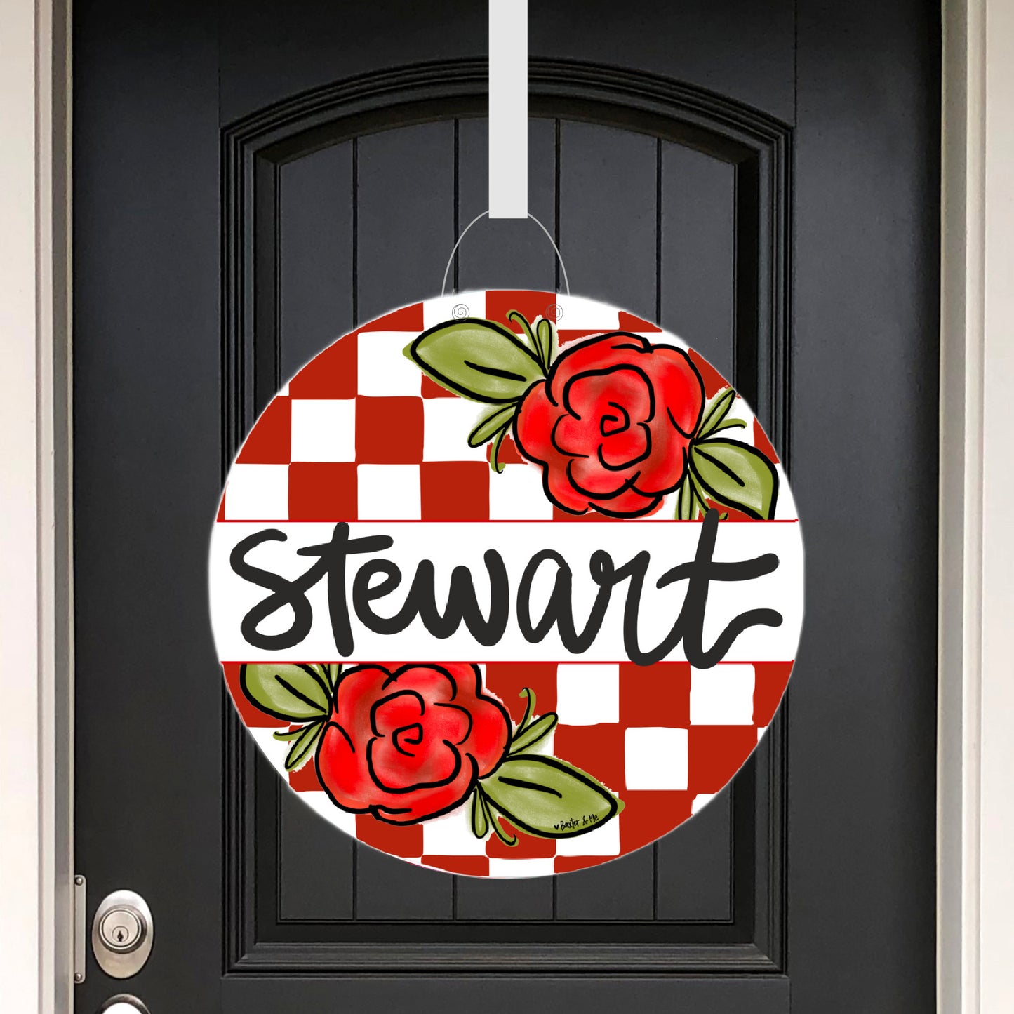 Welcome Rose Red Check Door Hanger