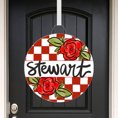 Welcome Rose Red Check Door Hanger