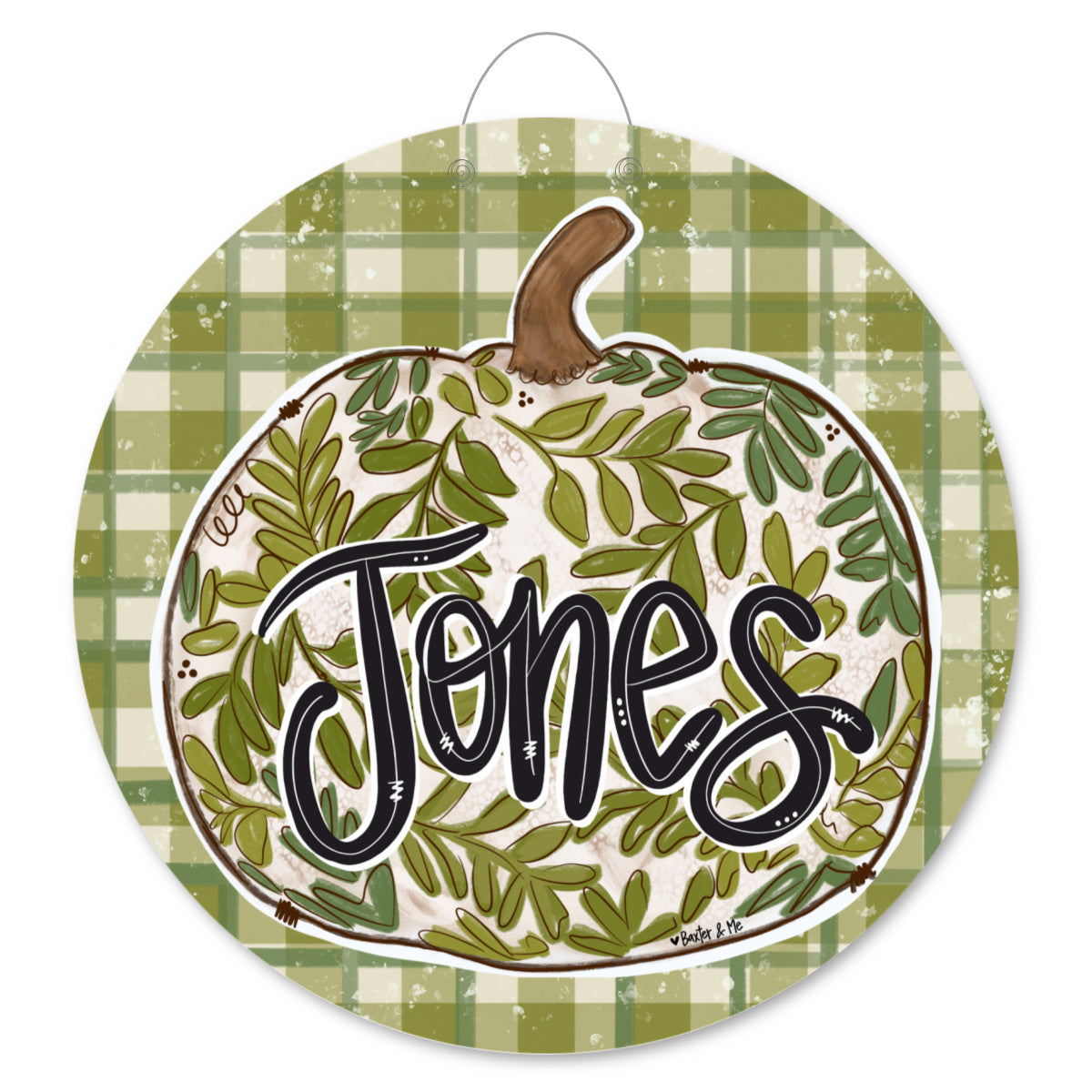 Welcome Green Leaf Pumpkin Plaid Door Hanger