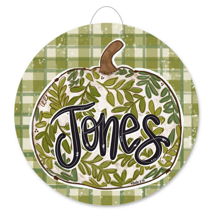 Welcome Green Leaf Pumpkin Plaid Door Hanger
