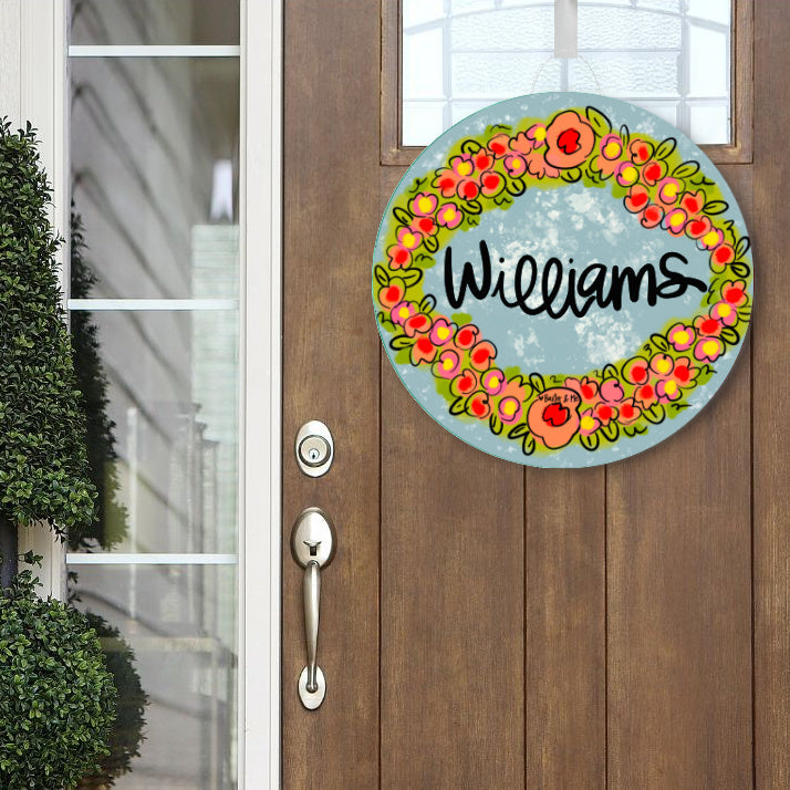 Personalized Welcome Little Floral Wreath Door Hanger