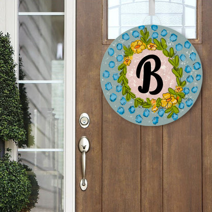Personalized Blue and Yellow Floral Wreath Door Hanger