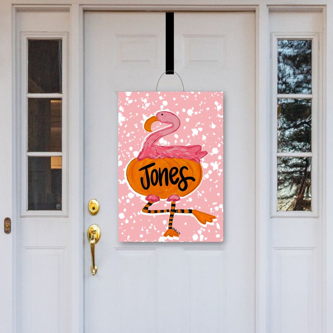 Personalizable Flamingo Pumpkin Door Hanger