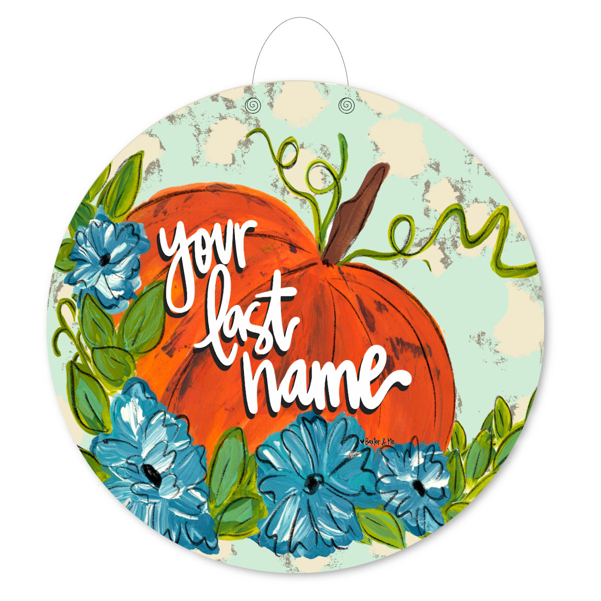 Personalizable Pumpkin with Blue Flowers Door Hanger