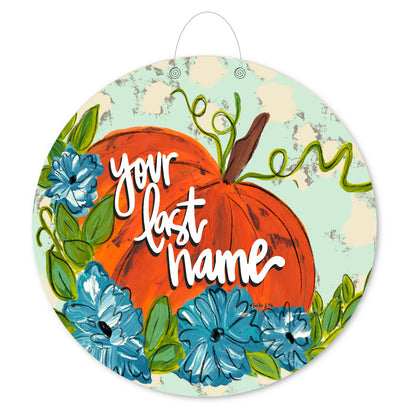 Personalizable Pumpkin with Blue Flowers Door Hanger