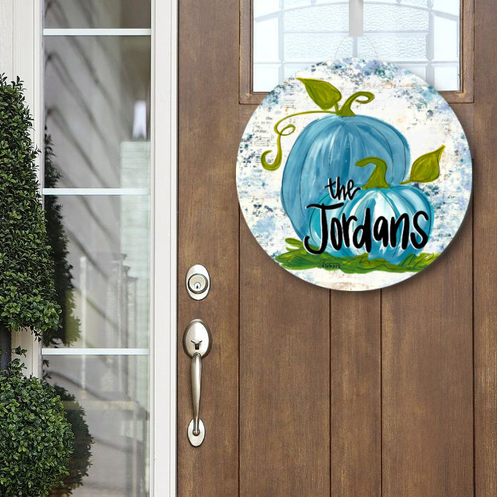 Personalizable Blue Pumpkins Door Hanger