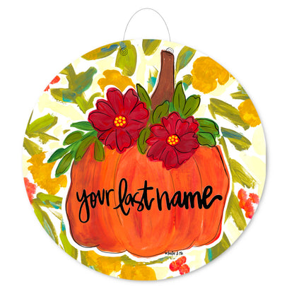 Personalizable Pumpkin with Fall Flowers Door Hanger