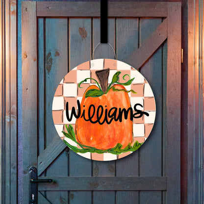 Personalizable Checkered Pumpkin Door Hanger