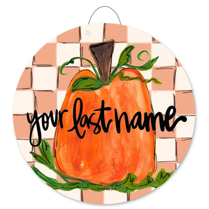 Personalizable Checkered Pumpkin Door Hanger