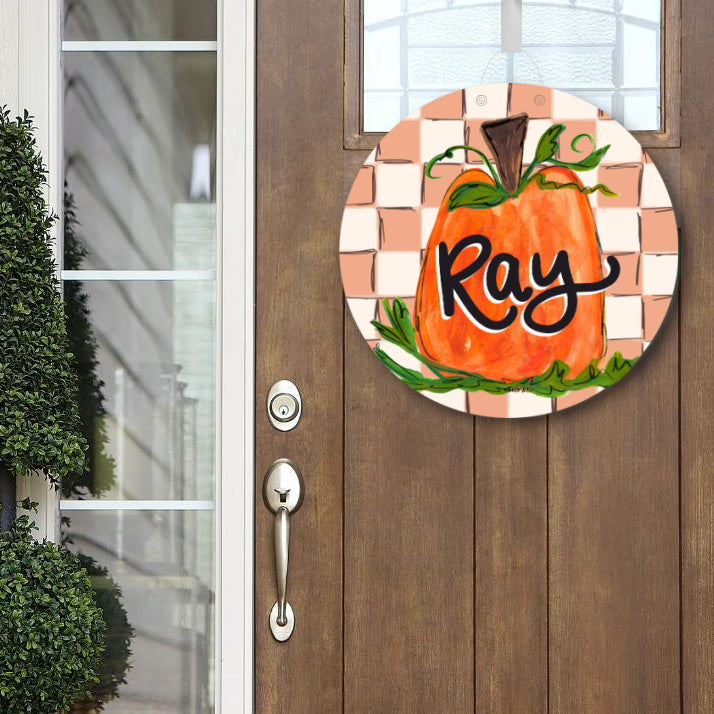 Personalizable Checkered Pumpkin Door Hanger