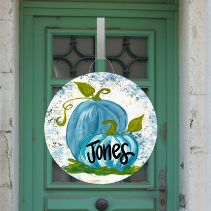 Personalizable Blue Pumpkins Door Hanger