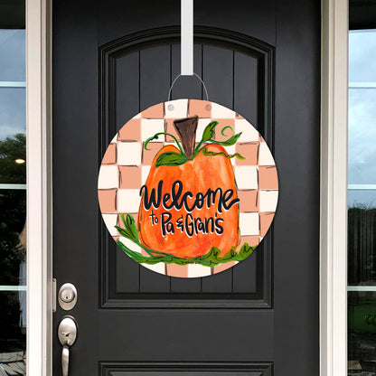 Personalizable Checkered Pumpkin Door Hanger