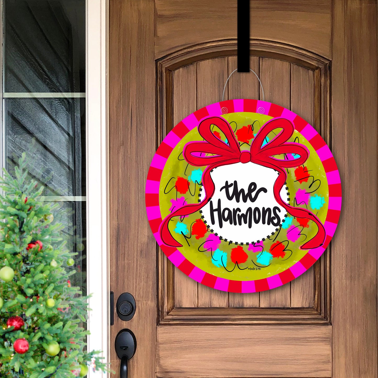 Personalized Pink and Red Checkered Wreath Door Hanger