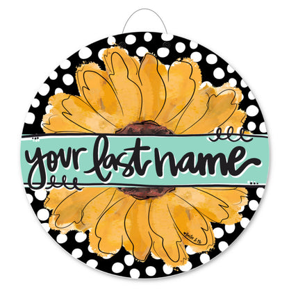 Personalized Black and White Sunflower Door Hanger