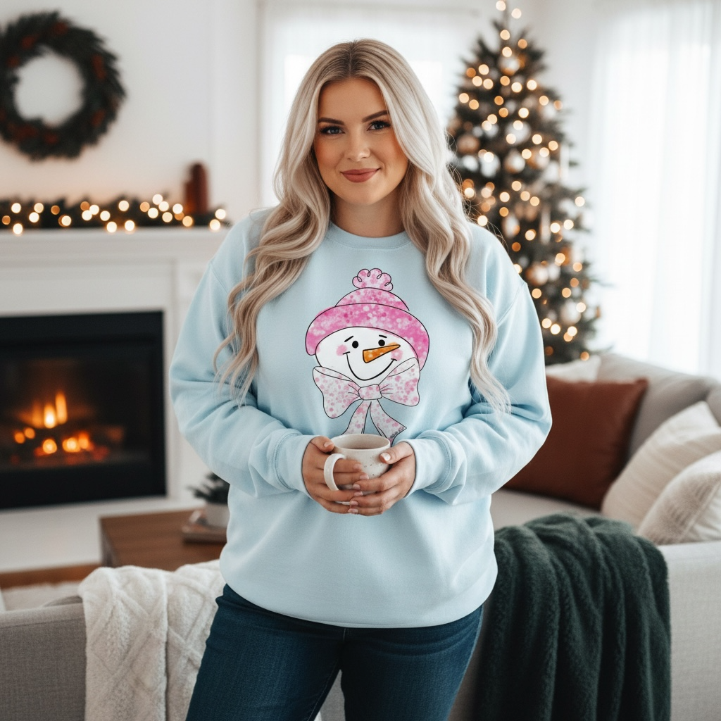 Woman wearing a light blue sweatshirt with a snowman design, holding a mug in a cozy living room.