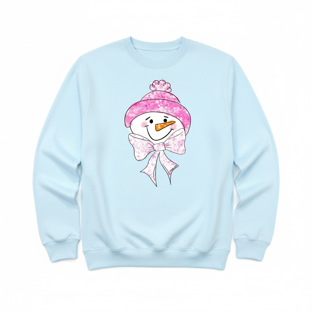 Light blue sweatshirt with a snowman design wearing a pink hat and bow on a white background