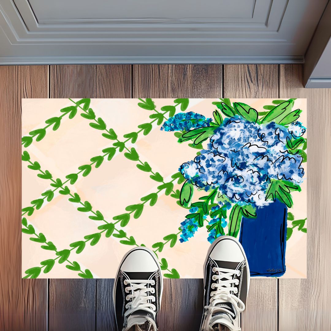 Blue Floral with Greenery Rug Floormat