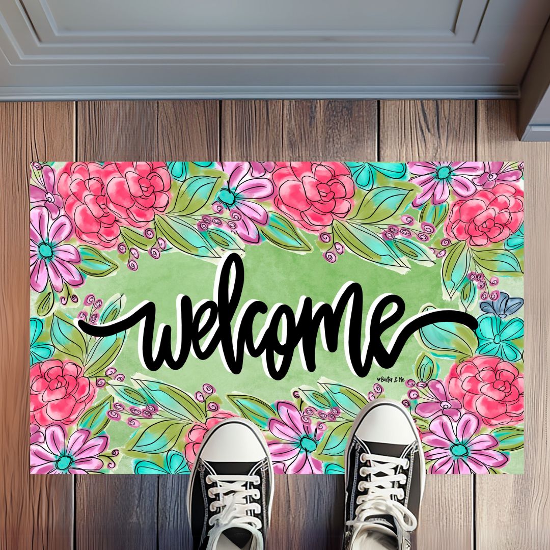 Pretty Pink & Purple Floral Welcome Rug Floormat