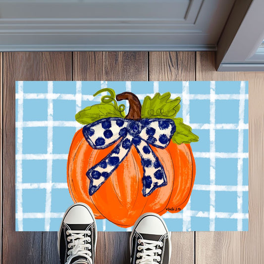Blue Plaid Pumpkin with Navy Bow Rug Floormat