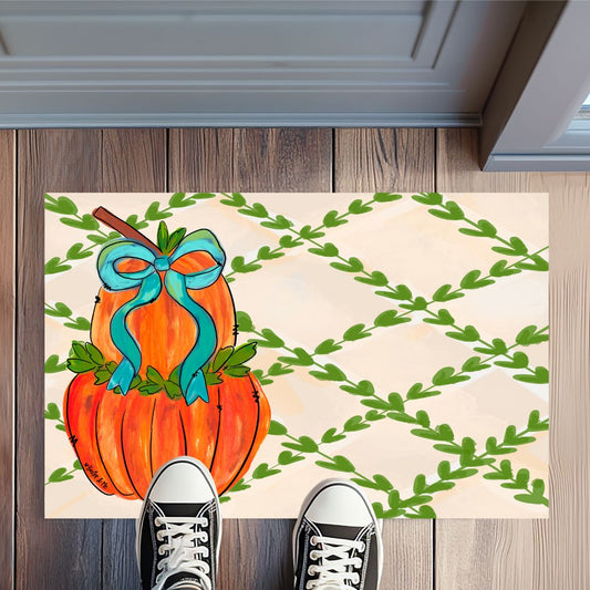 Greenery Stacked Pumpkin with Bow Rug Floormat