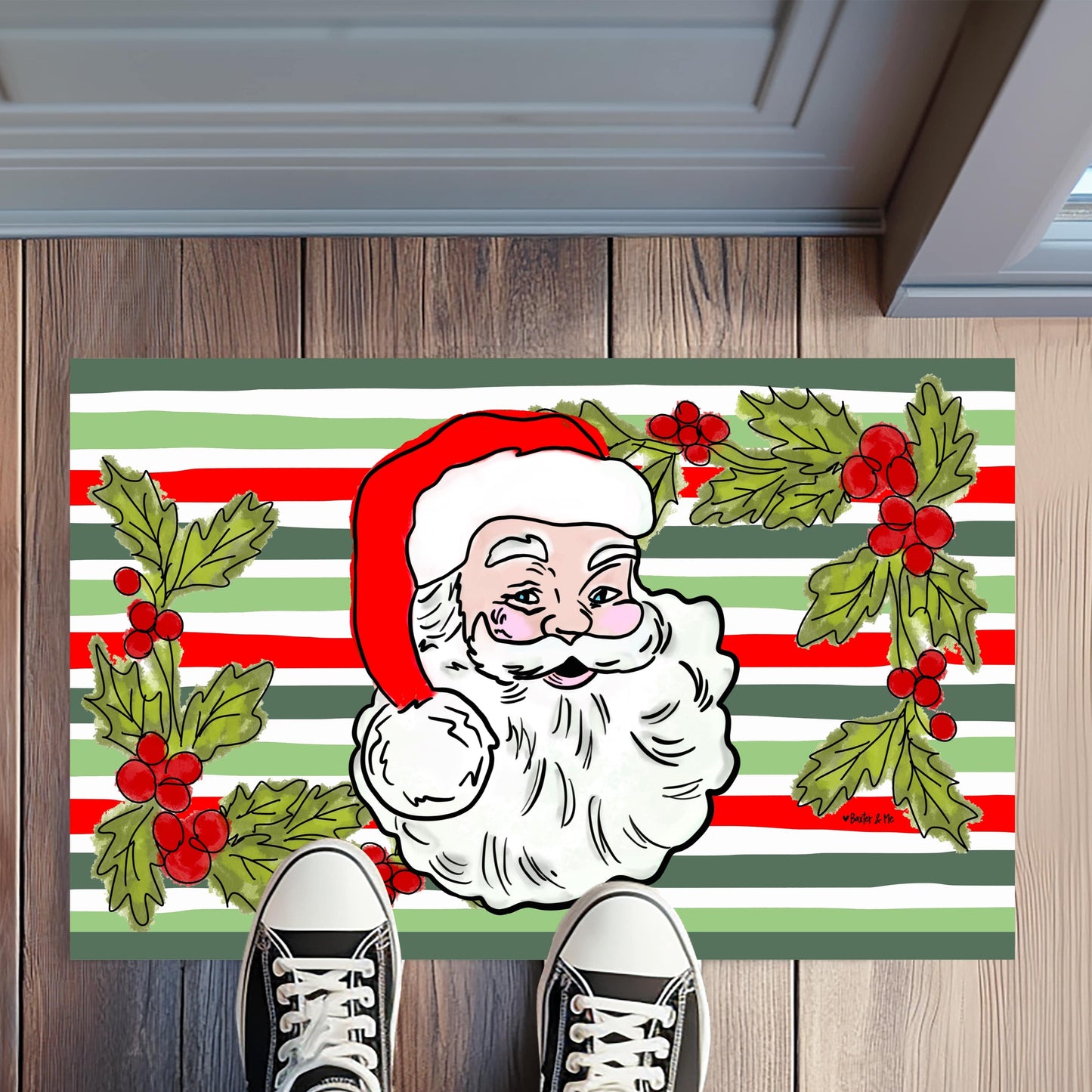 Christmas-themed doormat with Santa Claus design on a wooden floor.