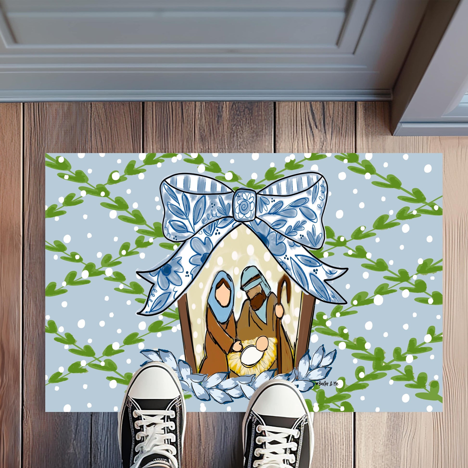 Decorative doormat with a house design on a wooden floor