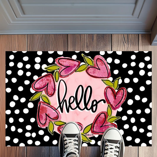 Hello Heart Vine Wreath BLACK Rug Floormat