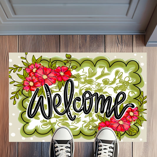 Green Scalloped Framed Floral Rug Floormat