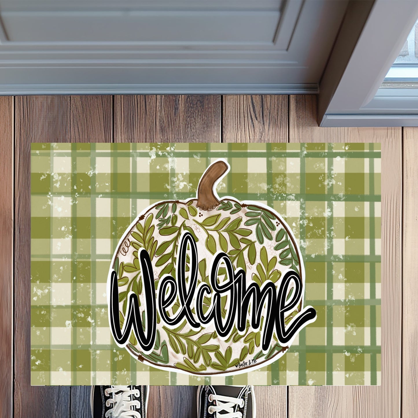 Welcome Green Leaf Pumpkin Plaid Rug Floormat