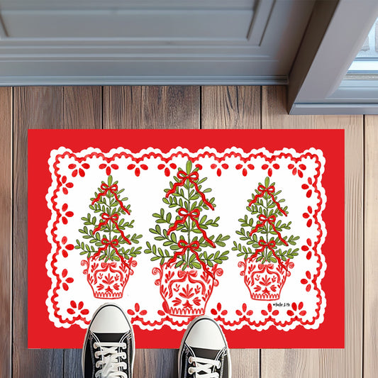 Red White Tree with Bows Rug Floormat
