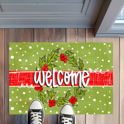 Welcome Holly Berry Wreath Rug Floormat