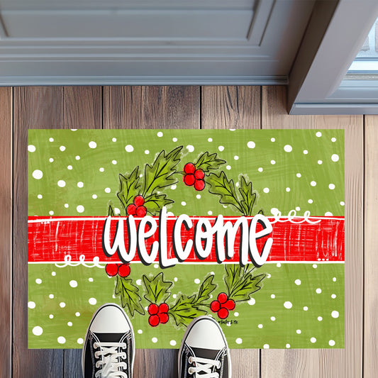 Welcome Holly Berry Wreath Rug Floormat