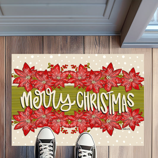 Merry Christmas Poinsettia Rug Floormat