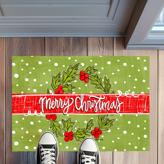 Merry Christmas Holly Berry Wreath Rug Floormat