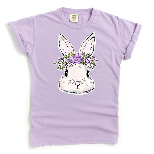 Lavender t-shirt with a bunny graphic and flower crown on a white background