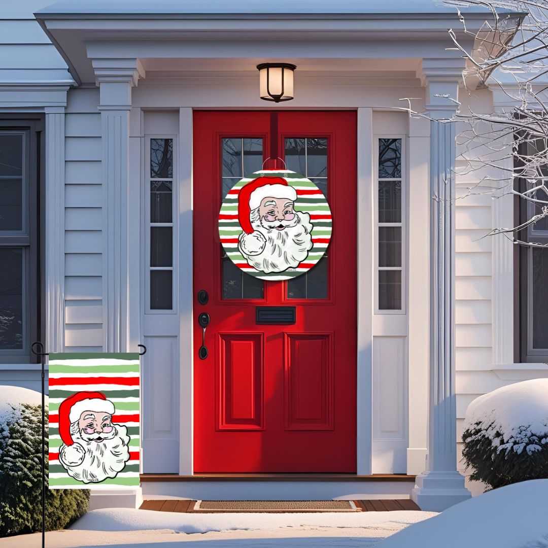 Vintage Santa on Christmas Stripes Door Hanger