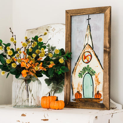 Church with Pumpkins - Framed Art
