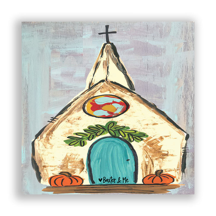 Church W/ Pumpkins - Wrapped Canvas