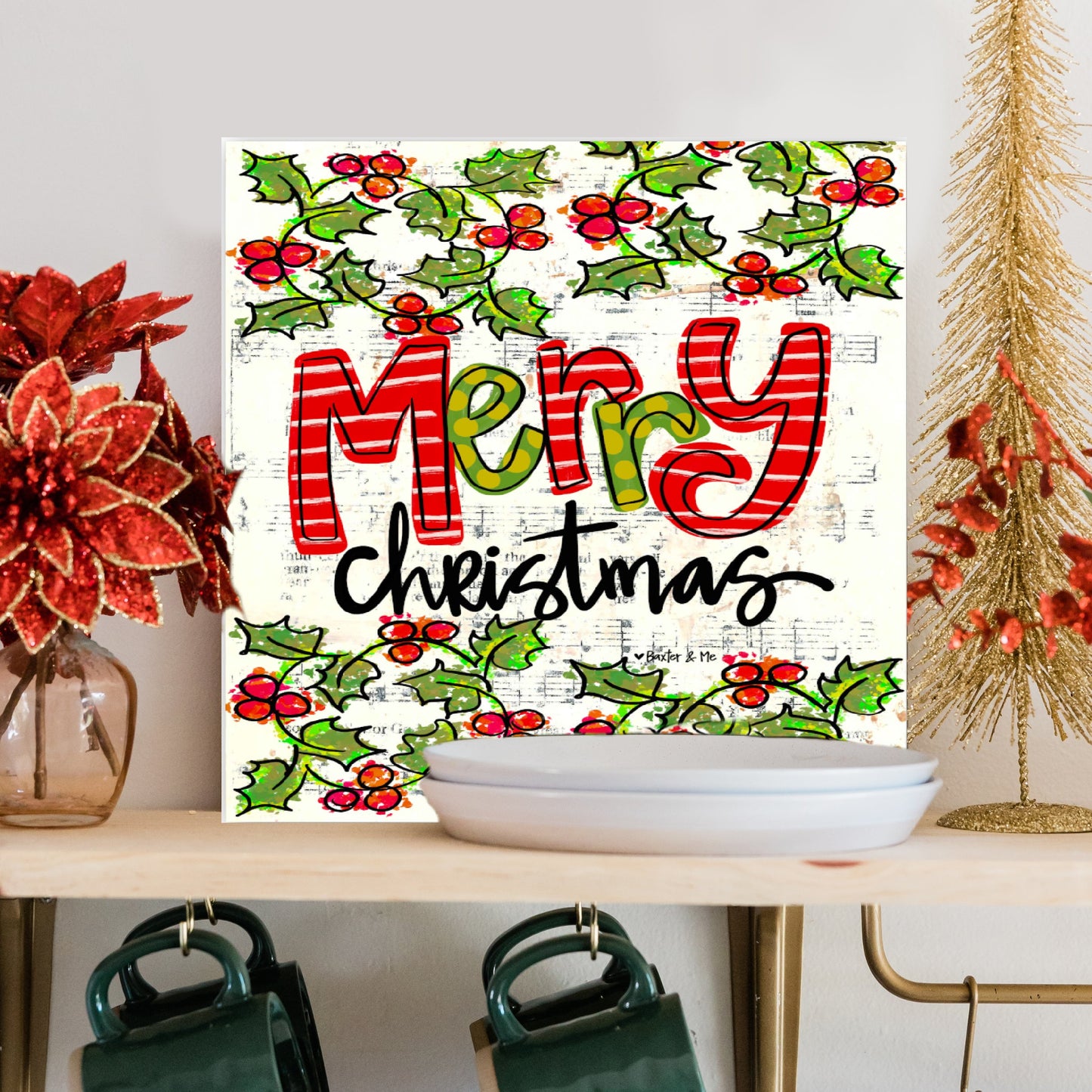 Merry Christmas Holly Berries Wrapped Canvas
