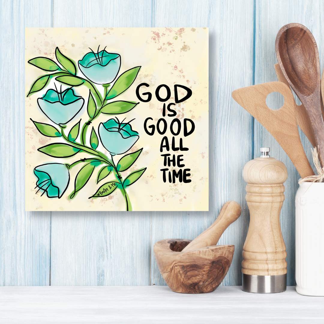 Blue Floral God is Good Wrapped Canvas